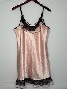 Silky Lace-Trim Slip Dress - Blush with Black Trim nightgown